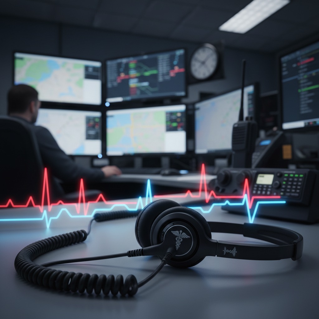 a 911 dispatcher headset that has a long cord that mimics a heartbeat/life saving .